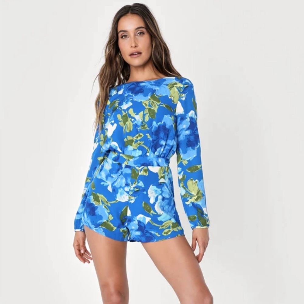 Lulus Sweetest Song Blue Floral Print Backless Long Sleeve Romper